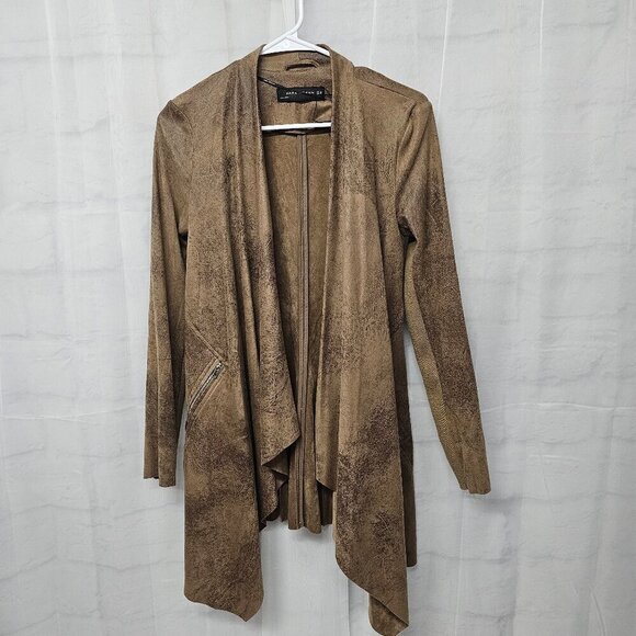 Zara Brown Faux Soft Leather Open Waterfall Boho Western Jacket XS - Picture 10 of 13
